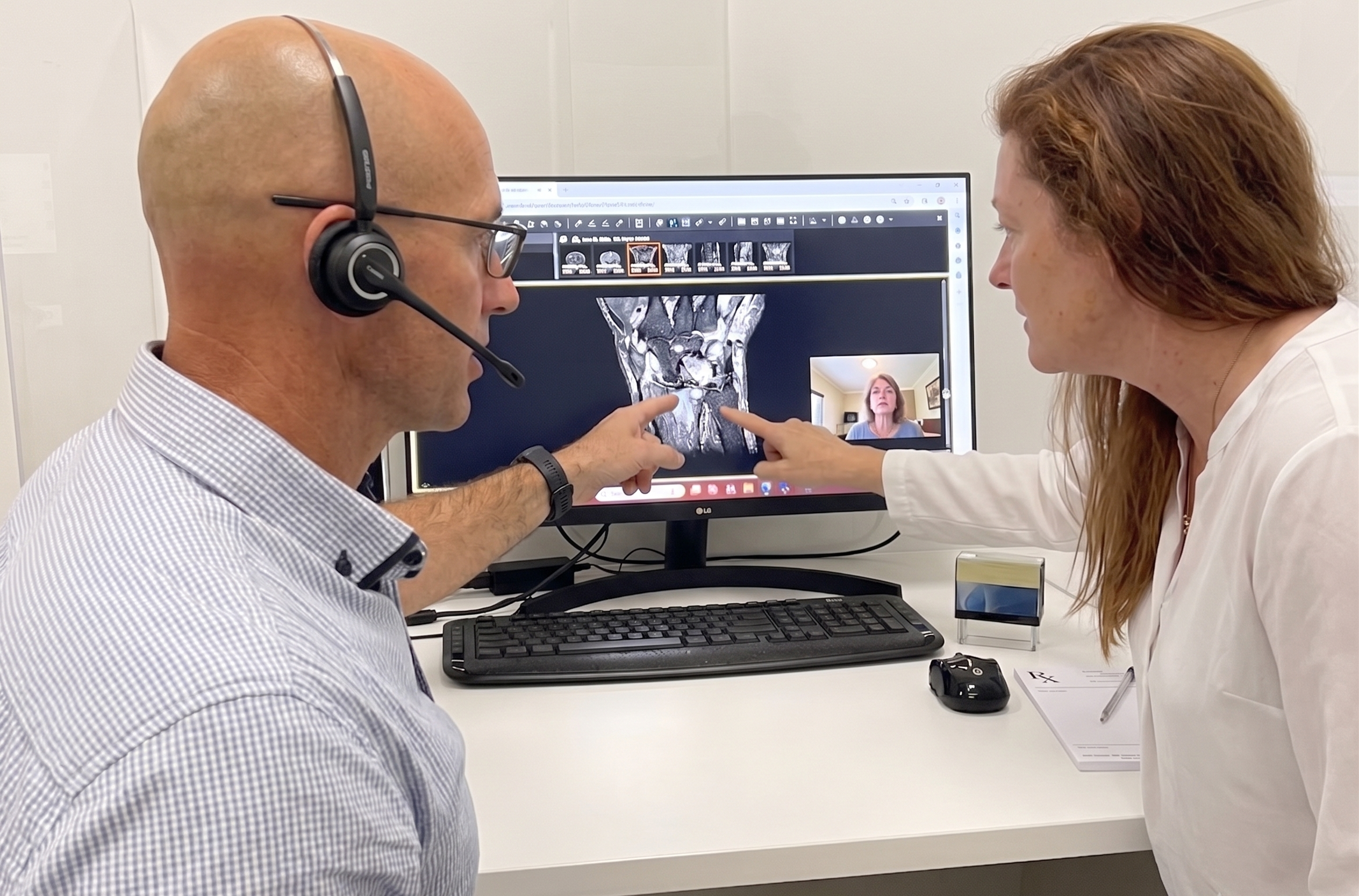 Fracture Clinic doctor and physiotherapist reviewing a wrist MRI with a patient during a telehealth consultation