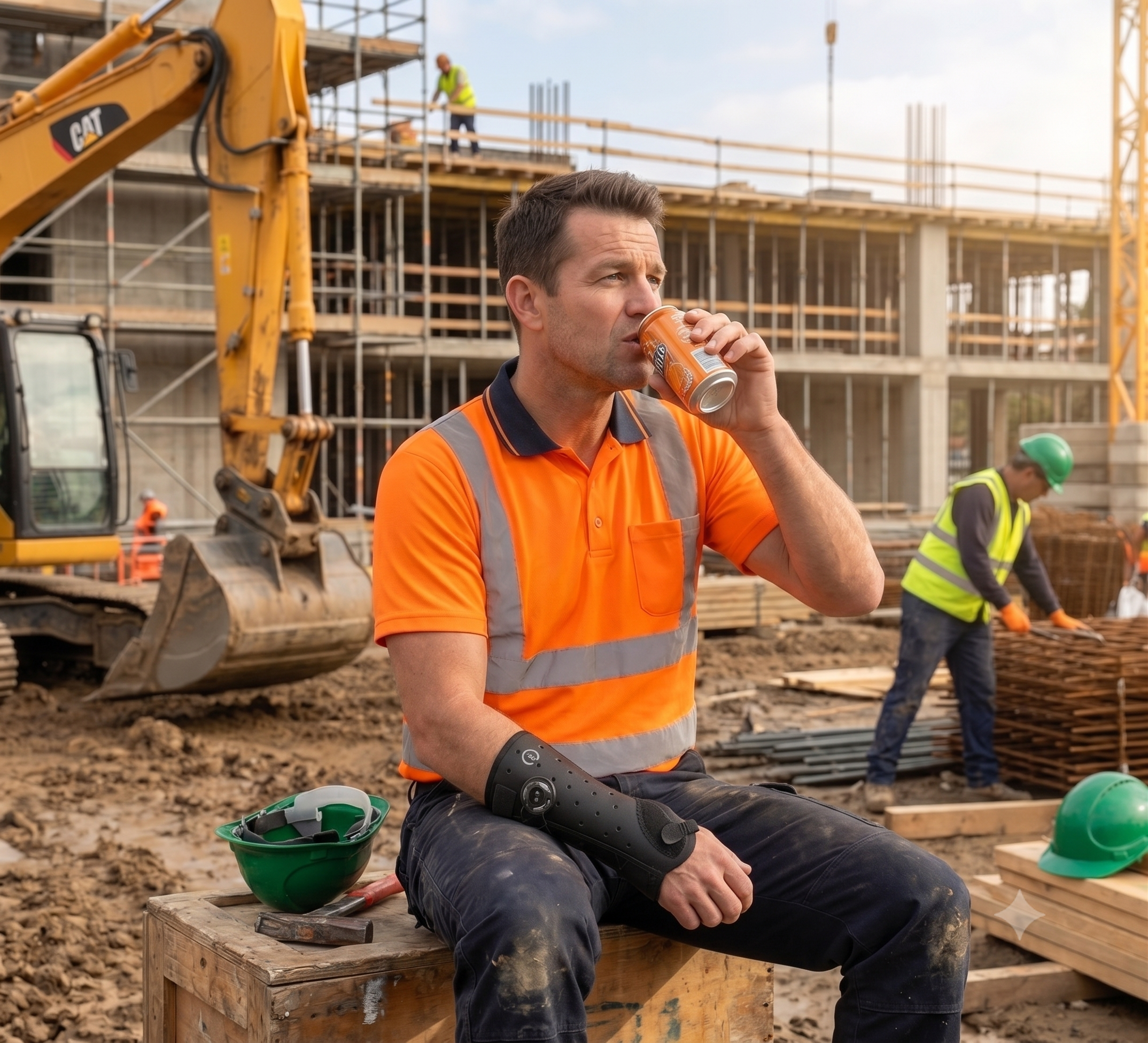 A man drinking a soft drink, wearing an Exos brace on his right hand