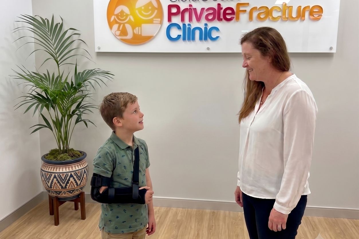 Nurse practitioner with a child wearing an arm sling at The Fracture Clinic